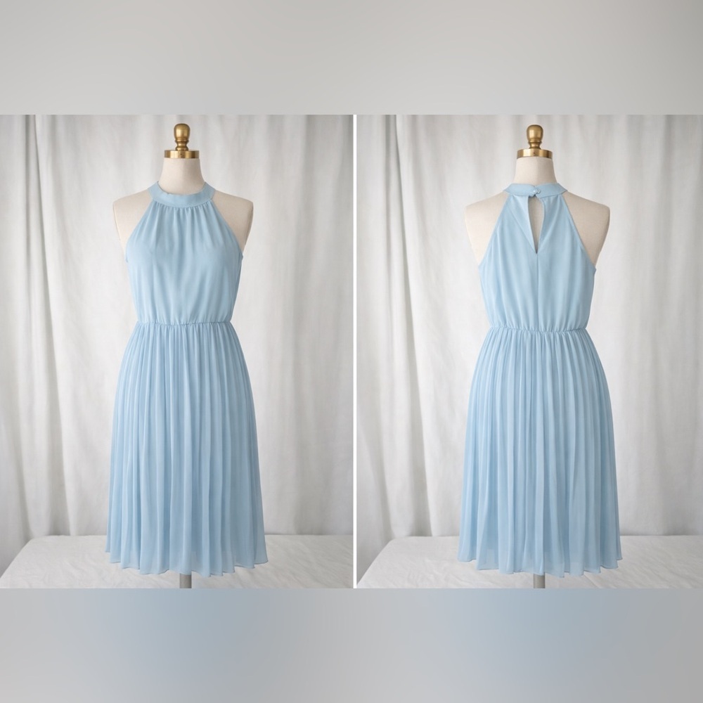 KIRUNDO Light Blue Pleated Midi Dress Halter Neck Sleeveless Flowy A-Line L